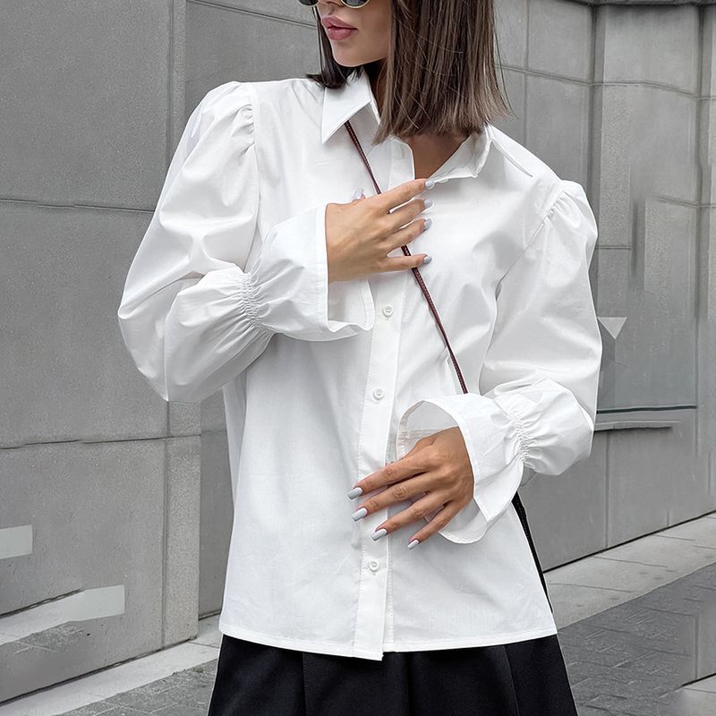 Camicia da donna con maniche a sbuffo in puro cotone, temperamento semplice, maniche lunghe da pendolare_voghion.com