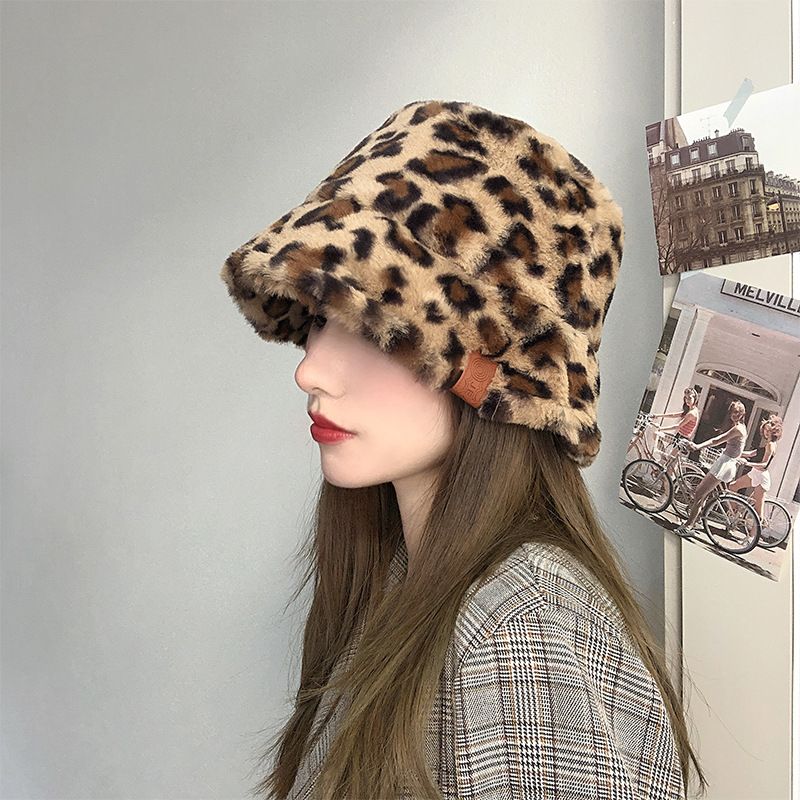 Cappello da pescatore con stampa leopardata per donna, spesso, in peluche, autunno e inverno, piccolo cappello da pescatore, caldo e alla moda_voghion.com