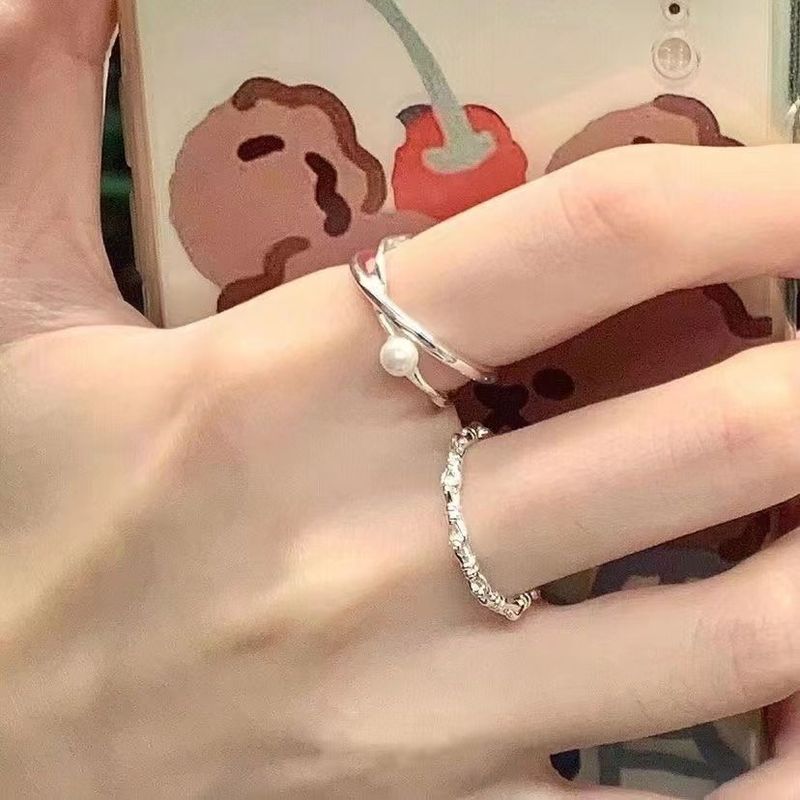 Silver Pearl Ring Fashion Niche Design Plain Band High-end Feel Open Jewelry_voghion.com
