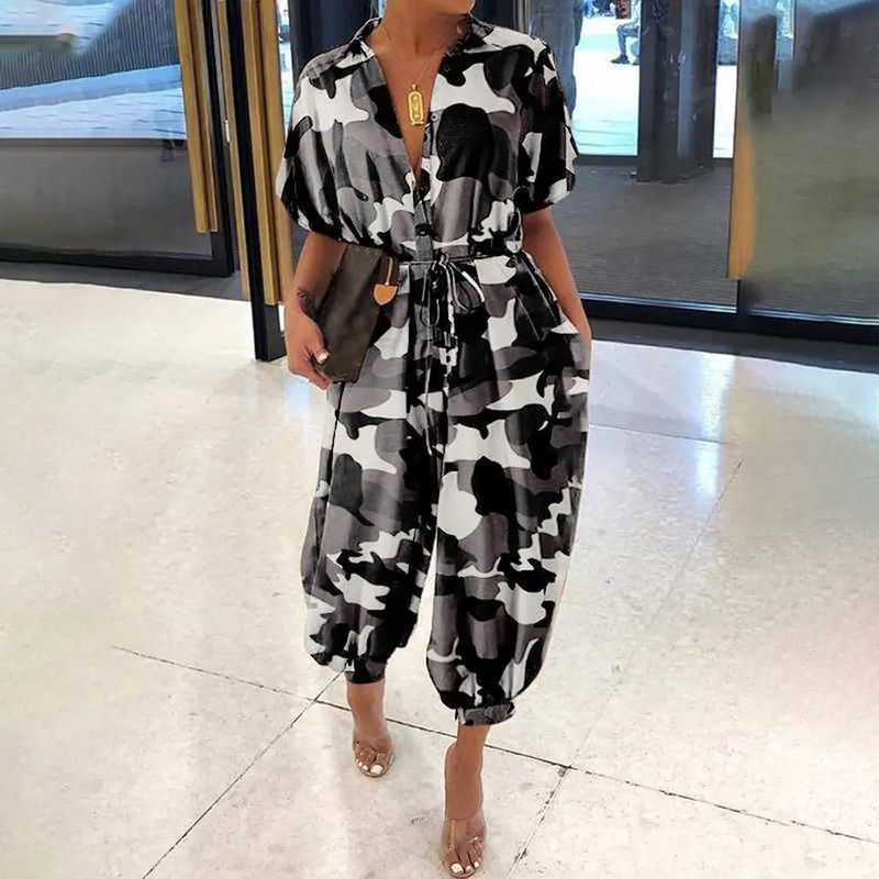 Damen-Overall mit Camouflage-Motiv, kurzärmelig, Revers, hohe Taille, lässig, locker, für Damen_voghion.com