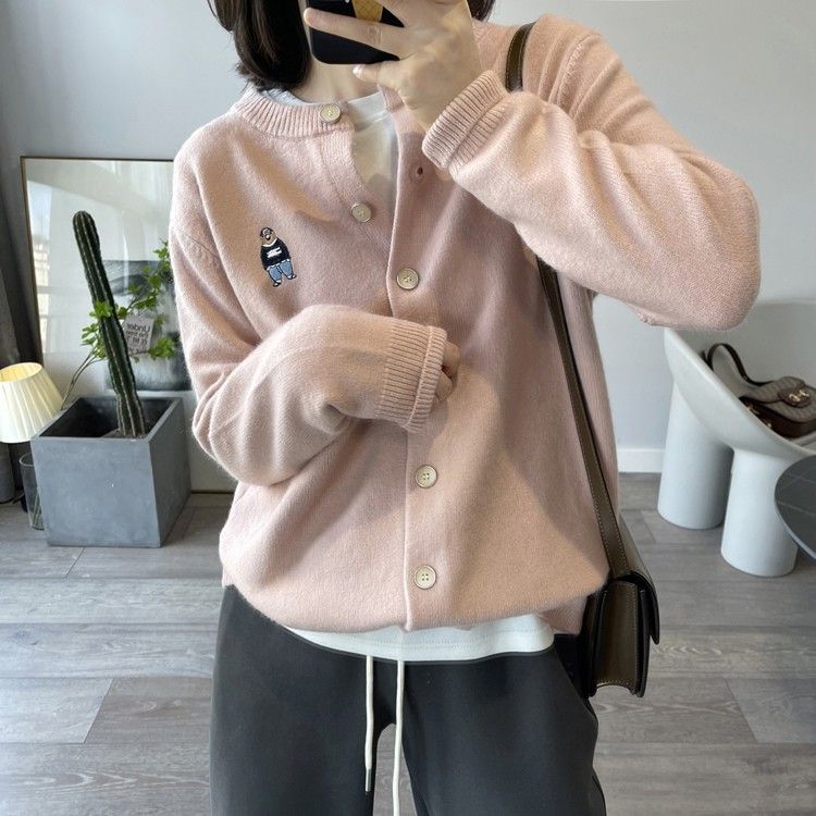 Damenbekleidung Bär Wollpullover Damen Kaschmir Strickjacke Herbst und Winter 100 Rundhals Langarm Pullover Mantel Strickpullover_voghion.com