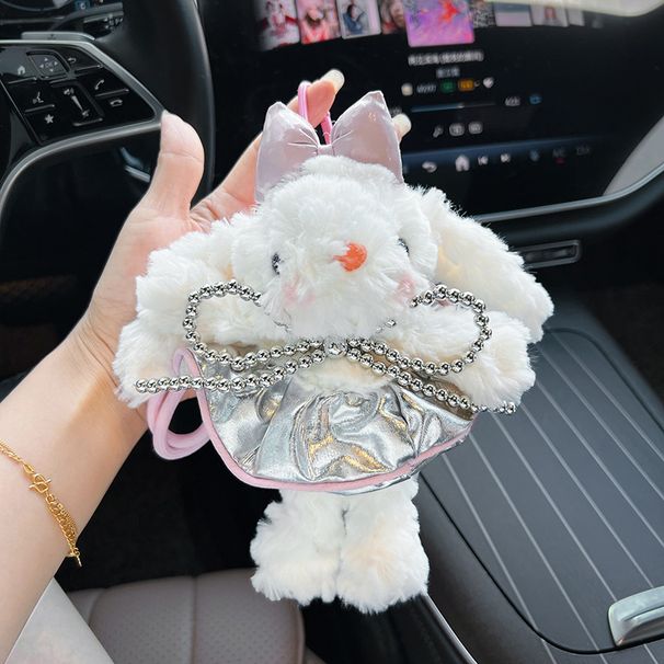 Neu Perlen Schleife Silber Leder Rock Plüsch Hängeohren Kaninchen Cartoon Anhänger Niedlichen Häschen Puppe Tasche Charme_voghion.com