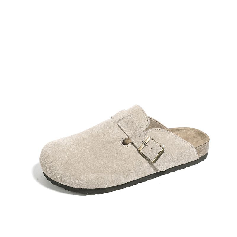 P5 Full Cowhide Dames All-match Retro Herfst en Winter 2023 Nieuwe Comfortabele Platte Kurk Half Pantoffels Voor Bovenkleding_voghion.com