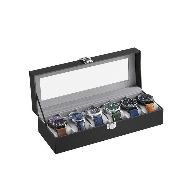 Uhrenbox mit 6 Fächern, Uhrenbox, Schatulle, Glasdeckel, herausnehmbare Polster, Metallschloss_voghion.com
