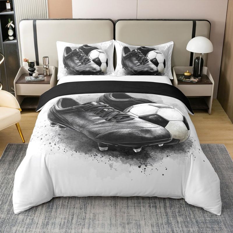 Capa de edredom de futebol, conjunto de cama de casal para meninos e homens, tênis esportivos com estampa de tinta, branco e preto, edredom macio e confortável_voghion.com