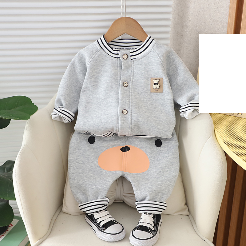 Spring And Autumn Baby Suit Bear Striped Suit High Waist Pp Pants Children's Coat Pants Two Piece Suit Trendy Split Suit_voghion.com