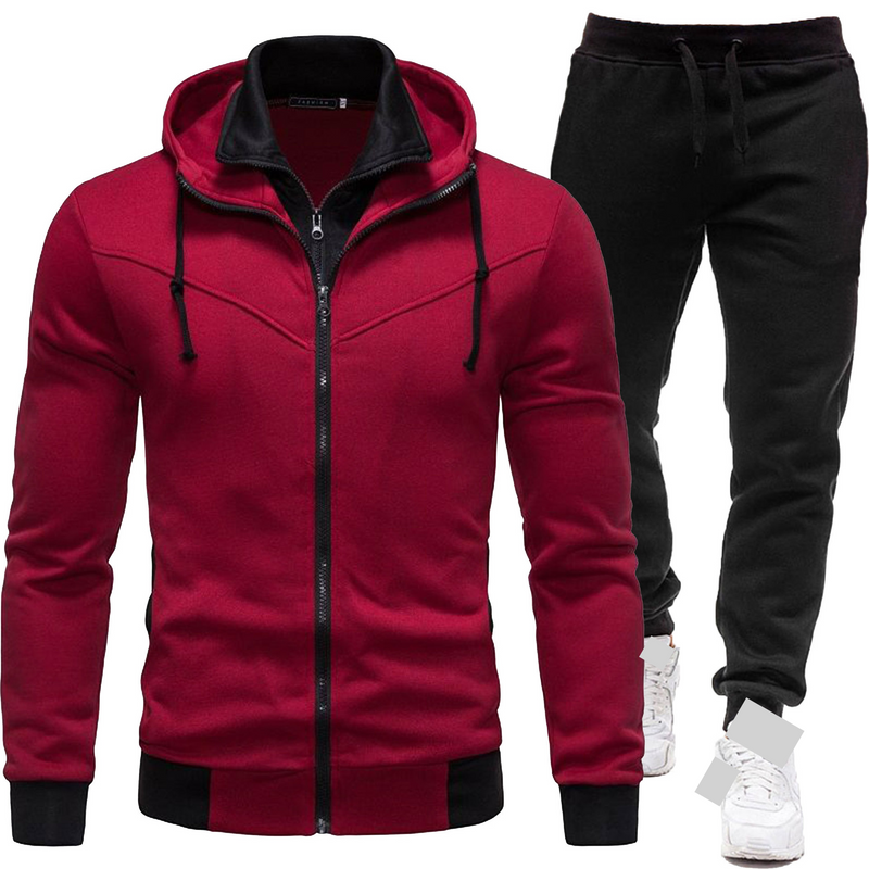 Heren hoodie met capuchon en rits, lente, casual, slim fit, fleecegevoerde trui met lange broek_voghion.com