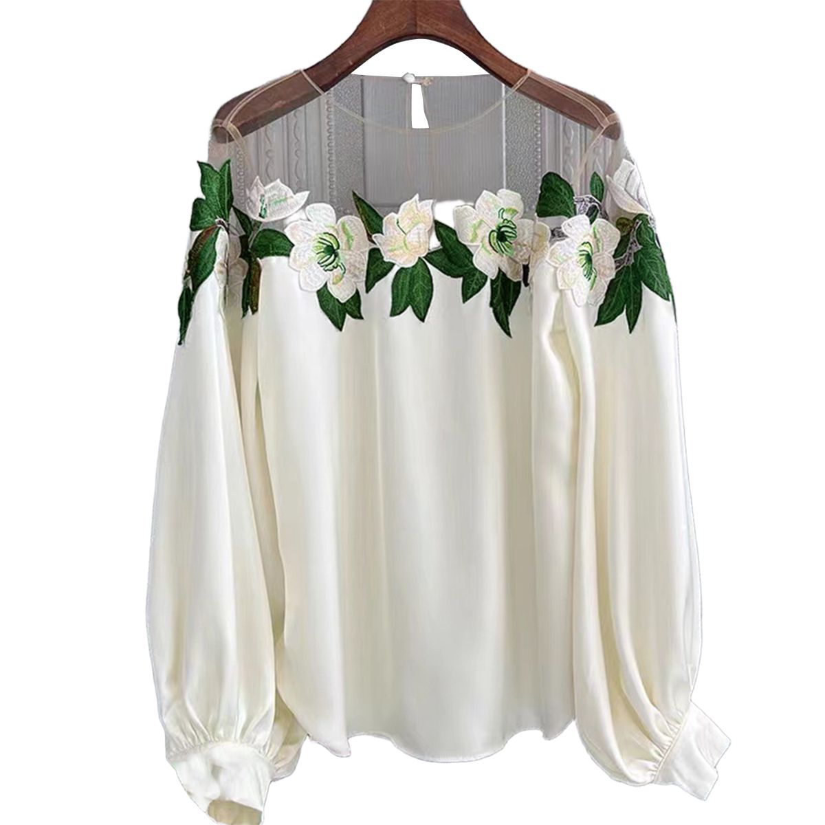 Cămașă cu guler brodat cu îmbinare din dantelă cu design de nișă, toamna 2024, nouă modă, cămașă cu mâneci lungi cu temperament_voghion.com