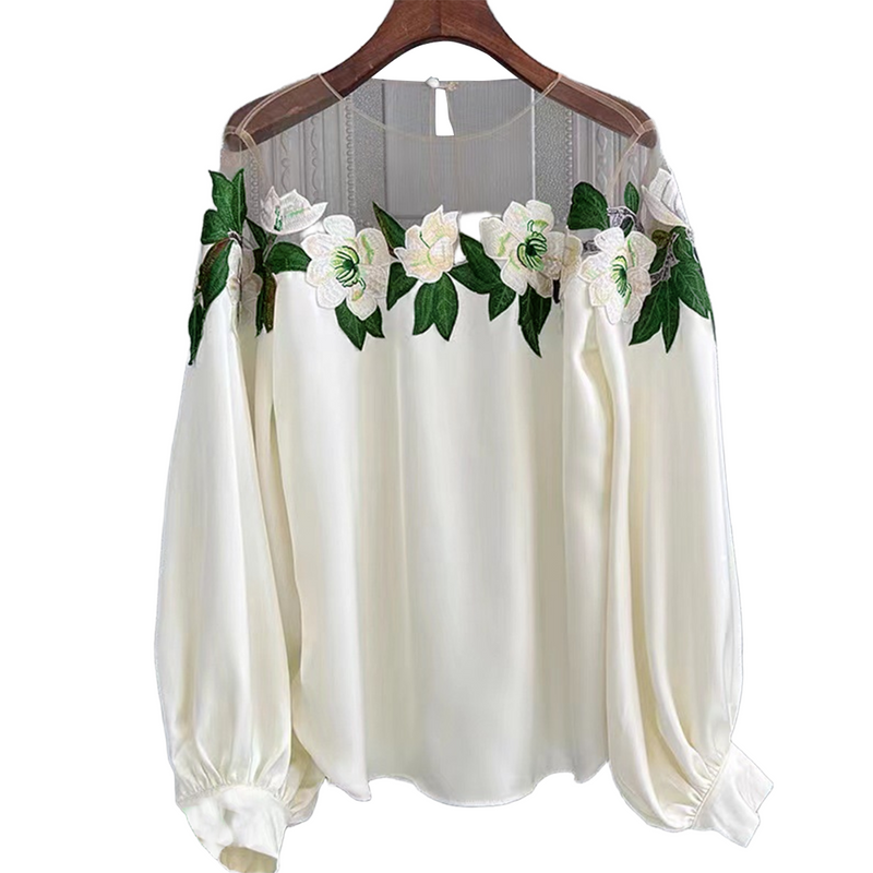 Design niche lace splicing embroidered collar shirt women's 2024 autumn new fashion long-sleeved temperament drape shirt_voghion.com