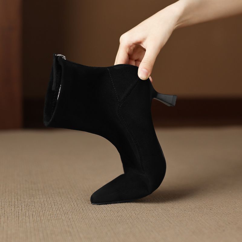 Stivali corti da donna Cameido con punta a punta, tacco sottile, tacco alto, stivali alla moda sottili in velluto elasticizzato_voghion.com
