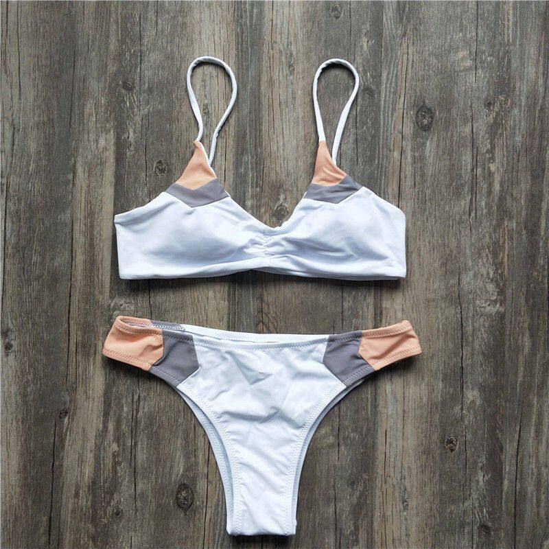 Kvinnor 2 ST Bikini Se, Color Block Trådfri Vadderad Justerbar Sraps BH, High Wais Triangle Pany, Sommarsim_voghion.com