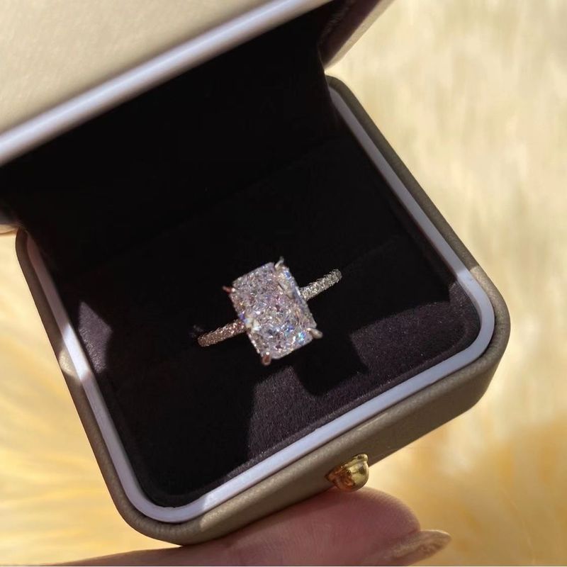 4 Carat Radiant Cut Small Sugar Artificial Diamond Ring Silver Gold Plated Band Moissanite_voghion.com