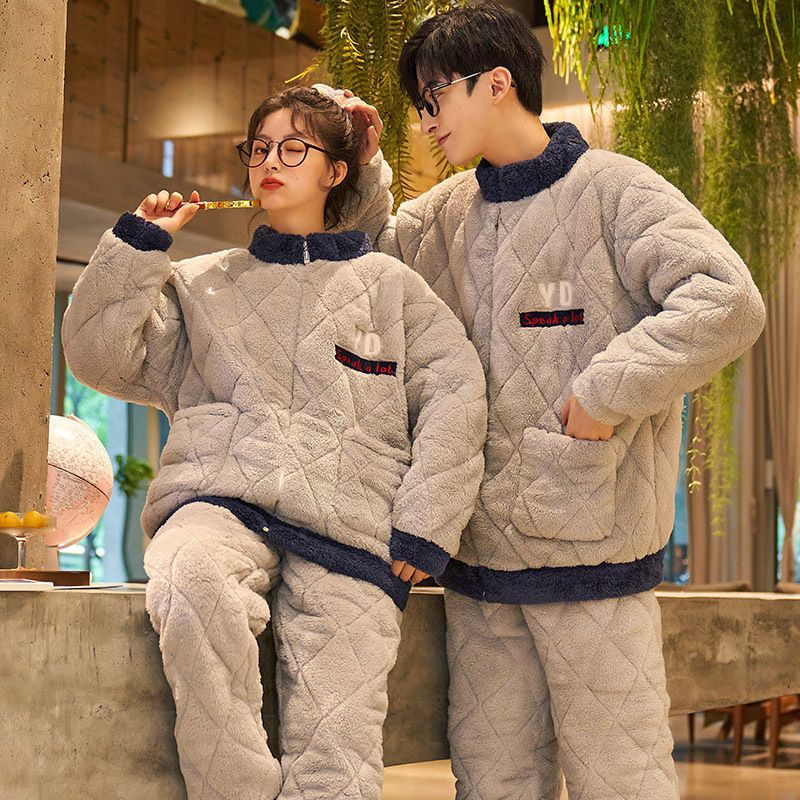 Autumn winter couple's warm flannel long sleeved cardigan, men's and women's thick sleepwear, coral fleece home clothes_voghion.com