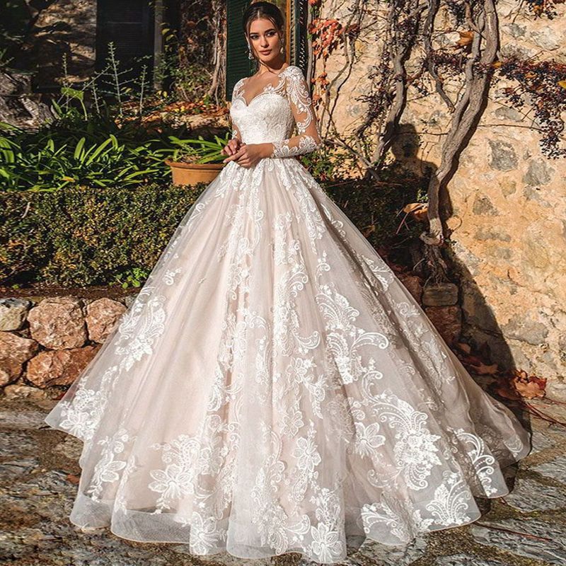Elegant Long-Sleeve Lace Wedding Dress With Train – Romantic A-Line Bridal Gown For Bride_voghion.com