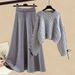 Completo da donna con maglione lavorato a maglia e gonna midi: outfit autunno-inverno alla moda, elegante e snellente in due pezzi_voghion.com