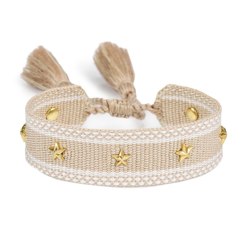 1Hongshun Bohemian Square Fünfzackiger Stern Nieten Handgewebtes Seil Einfaches besticktes Quastenarmband für Damen_voghion.com
