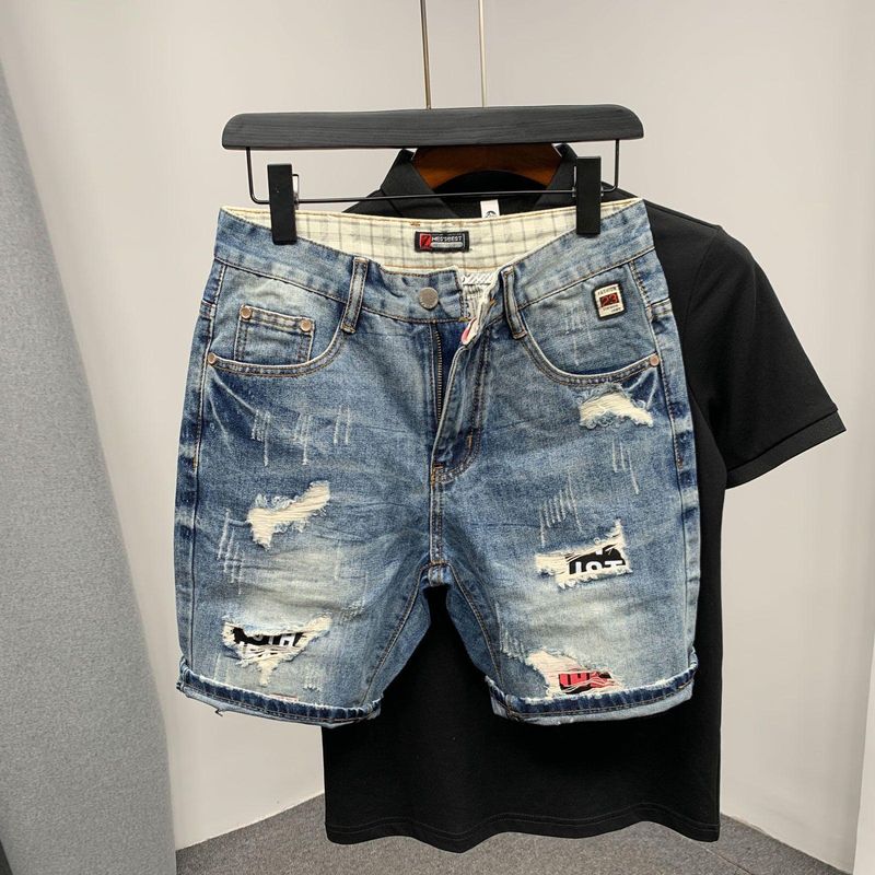 Pantaloncini in denim da uomo, nuovi stili estivi da uomo, personalità graffiata, baffi di gatto, vecchia toppa, pantaloni a quattro punte con grandi buchi, tendenza_voghion.com