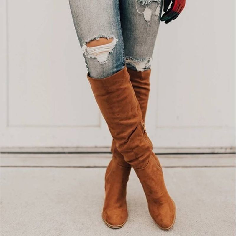 2024 New plus size women's suede thick heel pointed side zipper solid color fashion boots_voghion.com