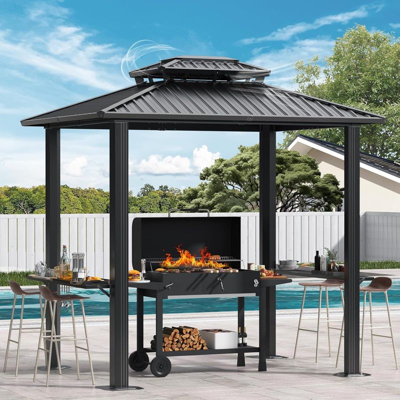 6x8 Hardtop Grill Gazebo, Outdoor Patio BBQ Gazebo With Galvanized Steel Double Roof, Hardtop Barbecue Canopy With 2 Side Shelves For Backyard_voghion.com