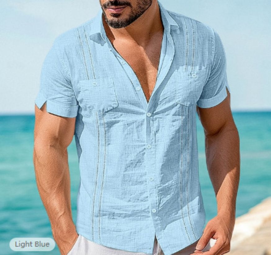 Herrenbekleidung Herren Kurzarm Leinenhemd Cuban Beach Top Pocket Shirt Casual Button_voghion.com