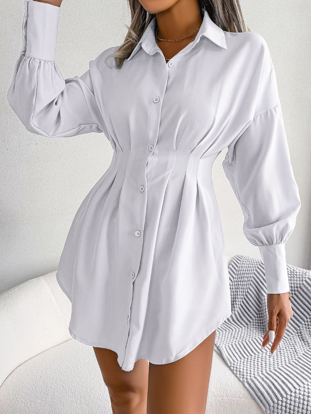 Gonna camicia asimmetrica in vita con maniche a lanterna casual da donna_voghion.com