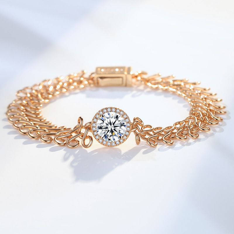 Trendy Sterling Silber für Frauen Modisches chinesisches Knoten breites Champagner-Gold-Moissanit-Armband_voghion.com