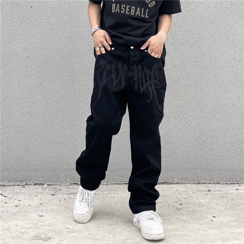Vyriški drabužiai Vyriški ir moteriški, nacionalinė mada High Street amerikietiško stiliaus retro siuvinėtos raidės aukštu juosmeniu, tiesus hiphopo laisvi džinsai_voghion.com