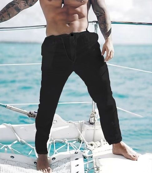 Herrkläder Linne sommar strandbyxor dra rep elastisk midja plisserad vanlig bekväm andas avslappnad vardagsmode klänning byxor_voghion.com