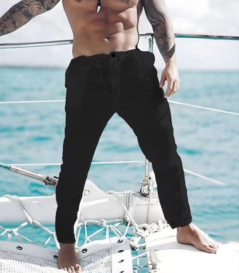 Vêtements pour hommes pantalons de plage d'été en lin dessiner corde taille élastique plissée uni confortable respirant décontracté pantalon habillé de mode de tous les jours_voghion.com