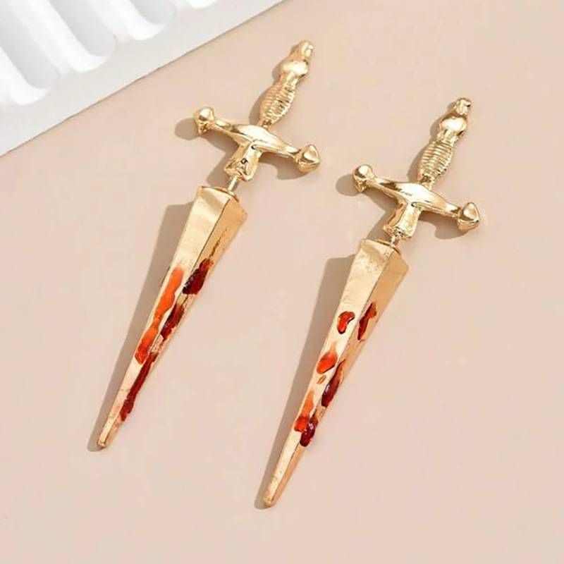 Designer's new Gothic sword Kinitial Women's earrings Vintage cross Bloodstained dagger earrings for Halloween_voghion.com