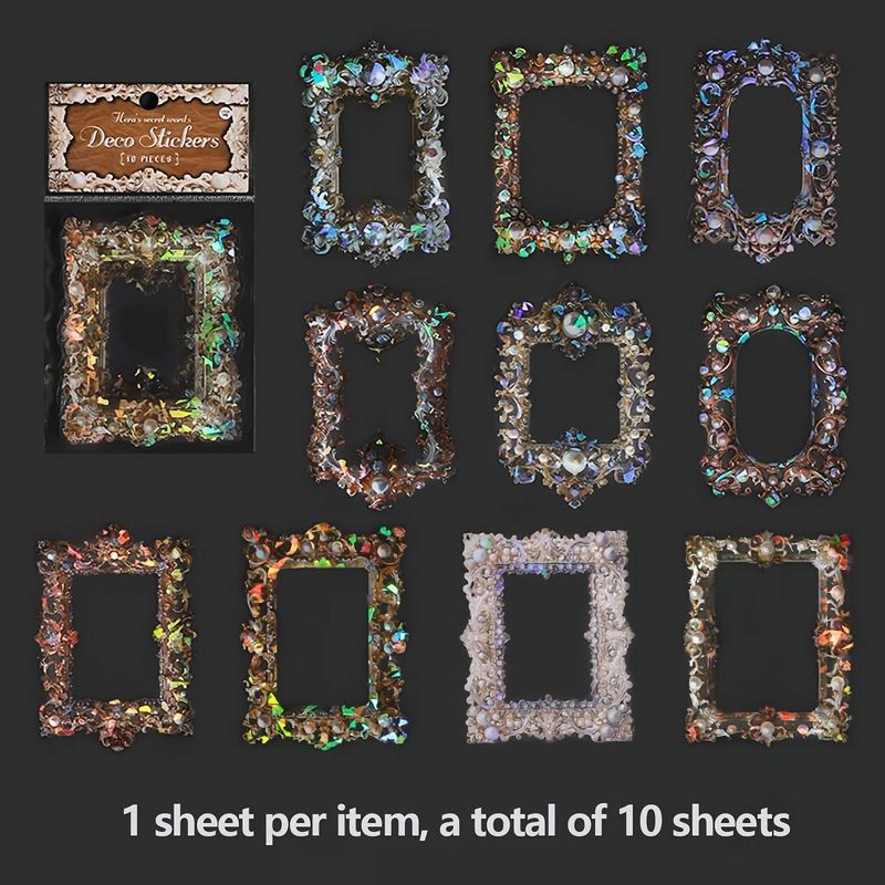 40 Stück schwarze Fantasy-Themen-PET-Muschel-Licht-Fotorahmen-Glitzer-Aufkleber im Barockstil für Scrapbooking und DIY-Projekte_voghion.com