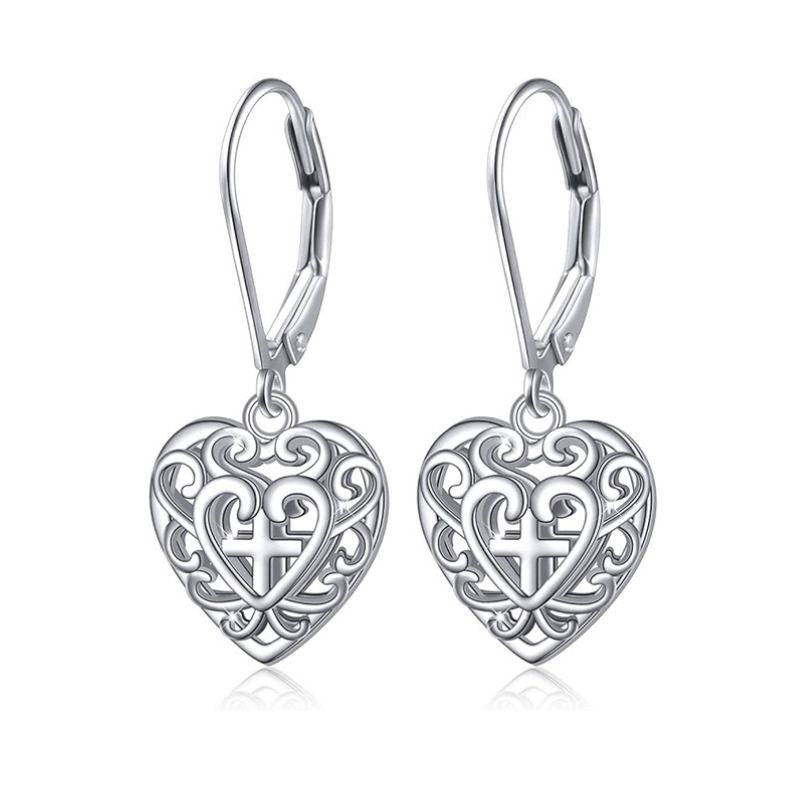 925 Sterling Silver LeverBack French Wire Drop Dangle Cross Heart Earrings D5_voghion.com