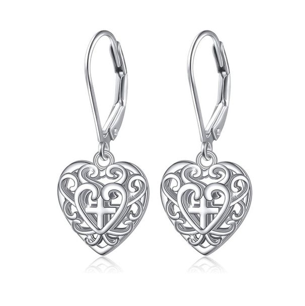 925 Sterling Silver LeverBack French Wire Drop Dangle Cross Heart Earrings D5_voghion.com