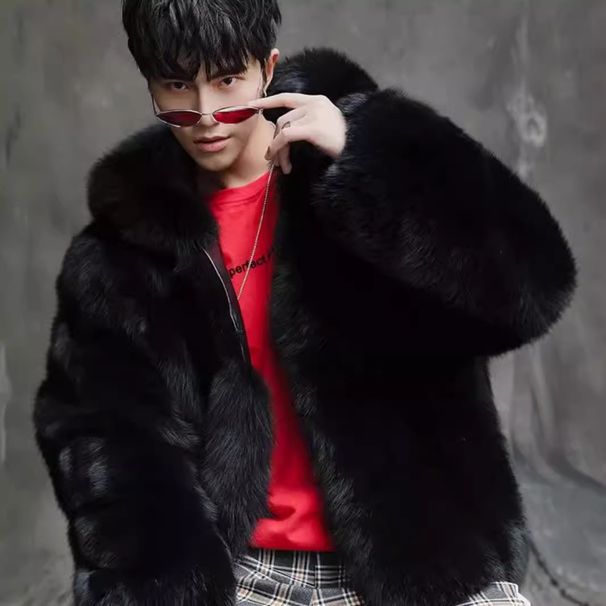 Modischer Kunstpelzmantel mit Kapuze für Herren – Toskana-inspirierte Winterjacke für Jugendliche (Grau & Schwarz, trendiger Streetwear- & Casual-Style)_voghion.com