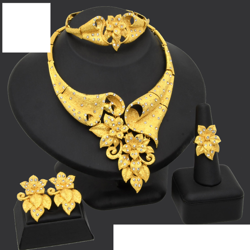 Cross-border Dubai jewelry set hot-selling African bride wedding necklace ring earrings bracelet four-piece set_voghion.com