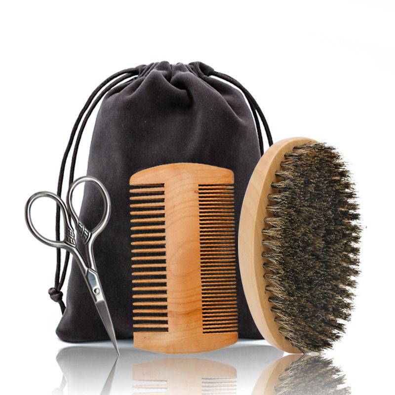 3pcs/set Men's Beard Grooming Tool Set Double-Sided Solid Wood Beard Comb Boar Bristle Cleaning Brush Beard Brush Stainless Steel Scissors _voghion.com