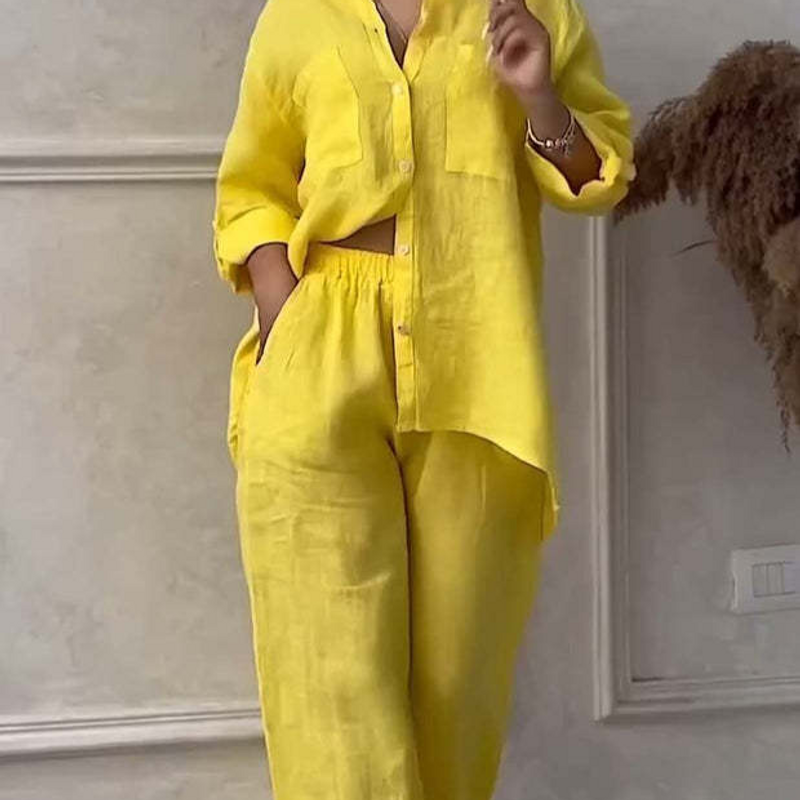 Vêtements pour femmes Chemise décontractée en coton et lin de couleur unie avec cordon de serrage Pantalon à jambe large_voghion.com