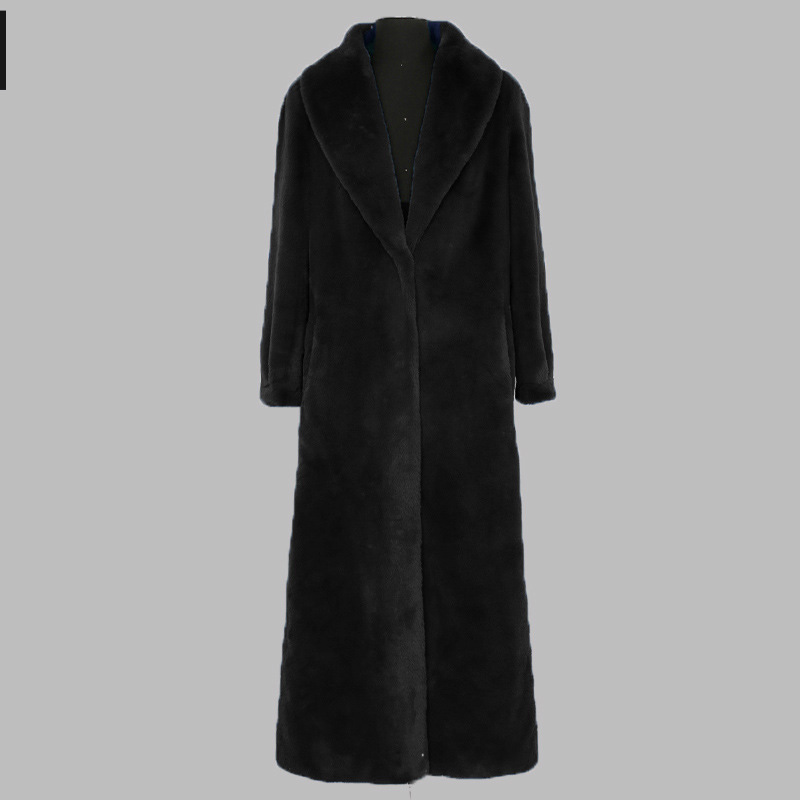 Women's Clothing Faux Fur Coat Winter Long Trench Jacket With Notched Lapel, Warm Plush Outerwear For Casual & Office Style (Khaki, Light Grey, Black)_voghion.com