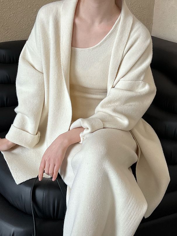 Dámské oblečení jednoduché vysoké dámské podzimní a zimní nový kardigan + vesta + široké kalhoty třídílná sada ss658_voghion.com