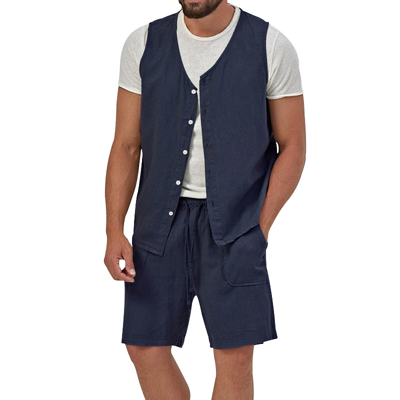 Baumwoll- und Leinenanzug für Herren, 2023, Sommer, lässig, ärmellos, Strickjacke, Shorts, zweiteilig_voghion.com