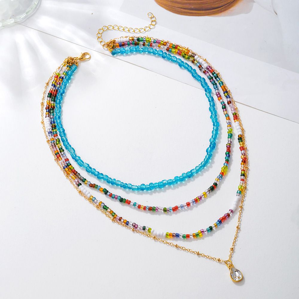 New Bohemian style pearl multi-layer colorful rice collarbone chain color blocked bead stacking necklace_voghion.com