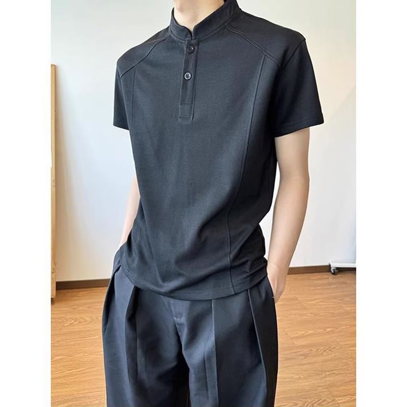 T-shirt à manches courtes et col Henley pour homme – Tricot gaufré respirant, coupe décontractée, gris clair, tenue décontractée pour l'été_voghion.com