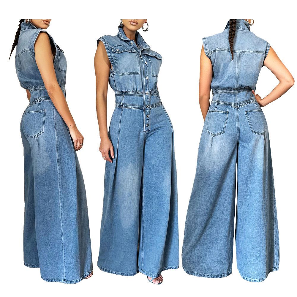 Tuta in denim vintage lavato, senza maniche, gamba larga, con spalline regolabili | Tuta streetwear a vita alta per donna, in misto cotone elasticizzato_voghion.com