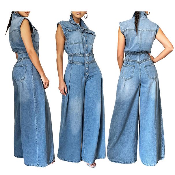 Tuta in denim vintage lavato, senza maniche, gamba larga, con spalline regolabili | Tuta streetwear a vita alta per donna, in misto cotone elasticizzato_voghion.com