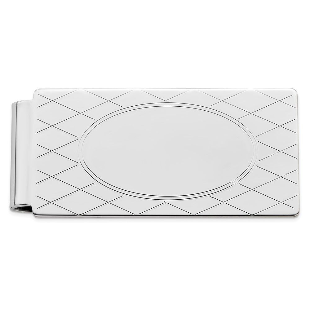 Rhodium-plated Kelly Waters Hinged Money Clip With Crosshatch And Engravable Oval Center_voghion.com