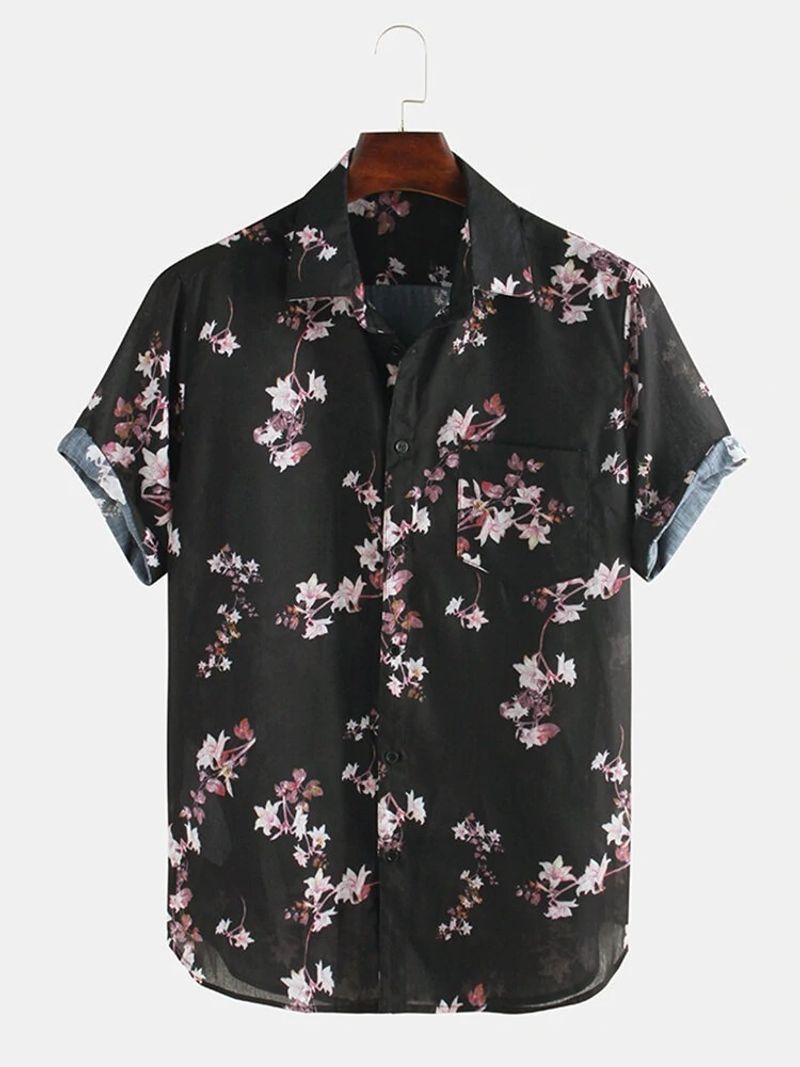Men's casual ink painting plum blossom lapel short-sleeve printed shirt_voghion.com