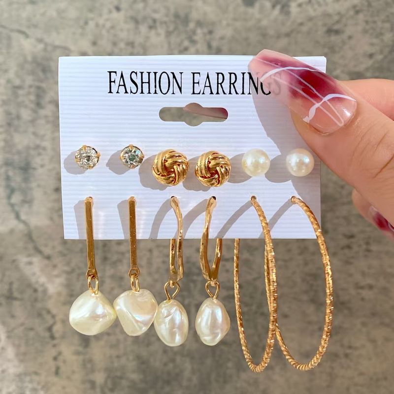 Orecchini a cerchio con perle intrecciate, personalità alla moda, set da sei pezzi, cerchi geometrici esagerati_voghion.com