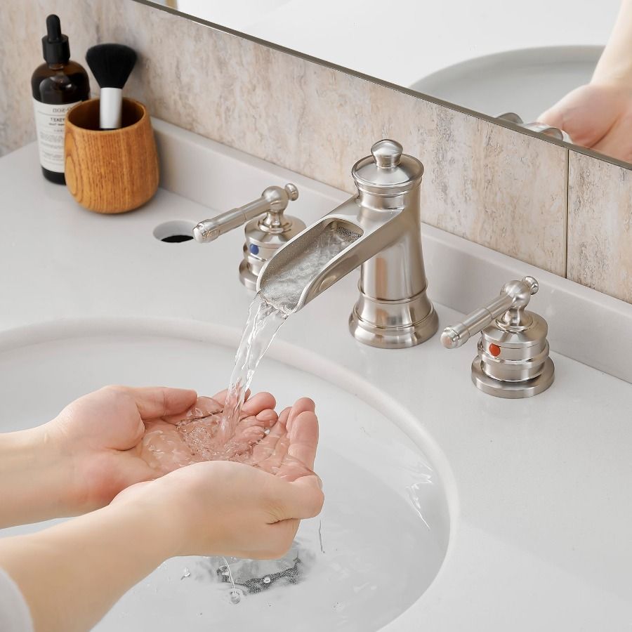 Rubinetti per lavabo da 8 pollici, foro per lavandino, scarico a 3 leve, doppio rubinetto per bagno, nichel pop, maniglia per rubinetto spazzolata con_voghion.com