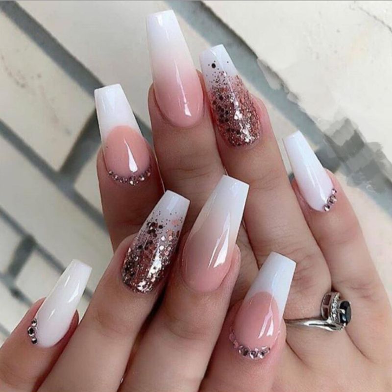 Caixão longo 24 peças de unhas falsas chama flor design falso n com strass wearable balé francês capa completa pres_voghion.com