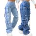 Pantaloni in denim utility a vita alta – Jeans cargo oversize con tasche multiple (abbigliamento da lavoro a gamba dritta per donna)_voghion.com